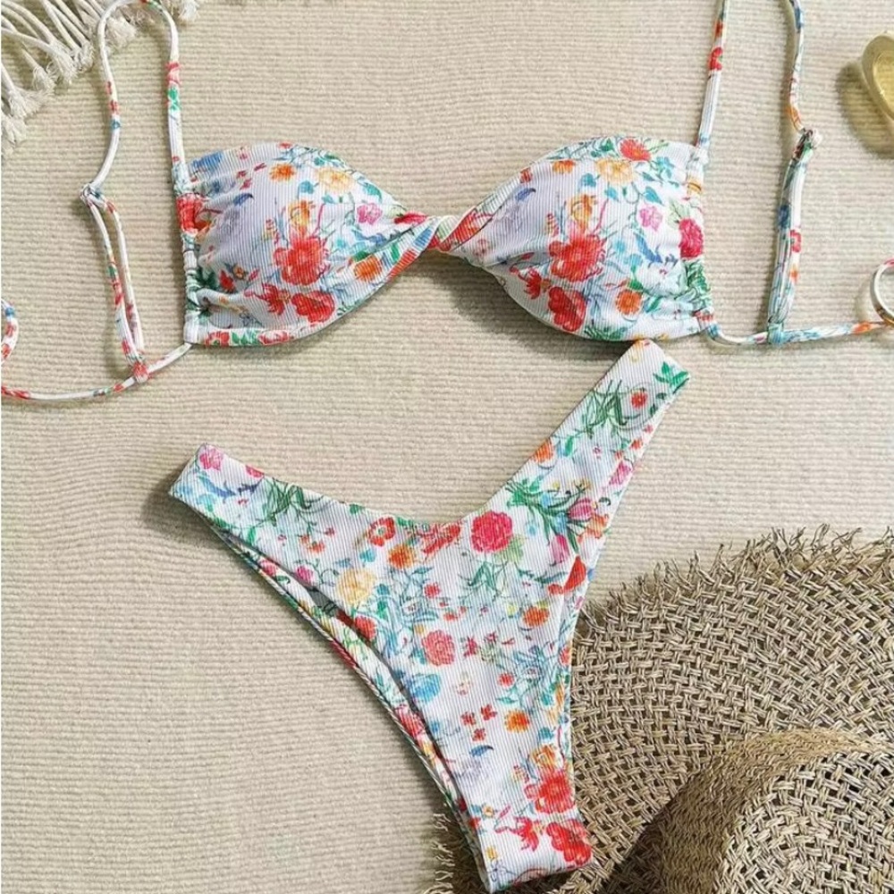 Floral Print White & Coral Women's Bikini Set. NWOT